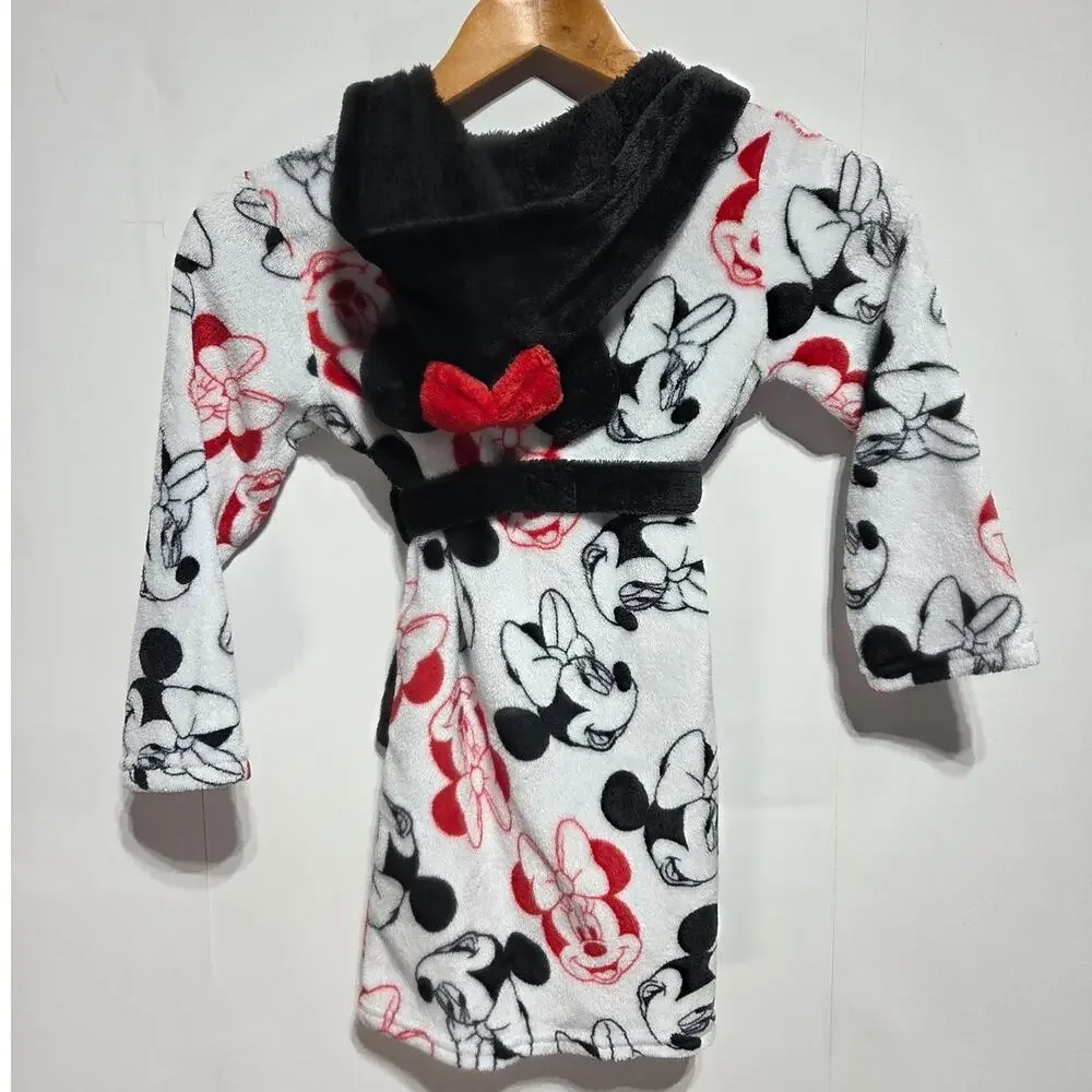 Disney Jr Minnie Mouse Girls Character Print Hooded Minky Fleece Bathrobe 4T/5T